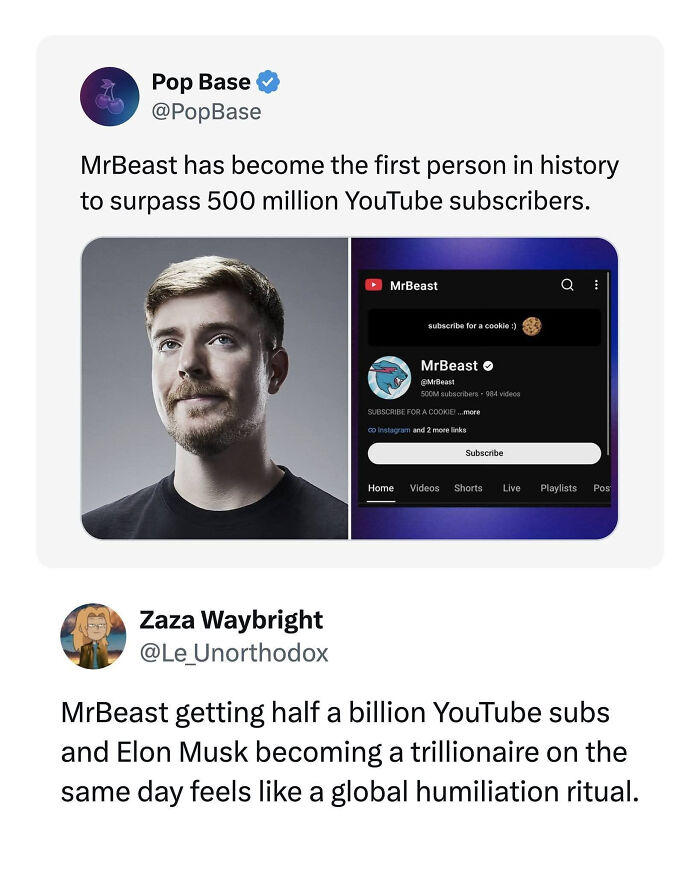 A LinkedIn meme featuring MrBeast reaching 500 million subscribers and a comment about Elon Musk, relating to work-life balance.