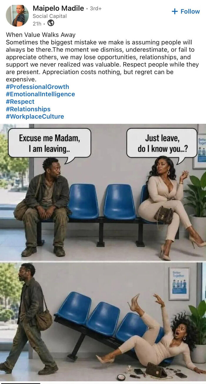 A LinkedIn meme showing a man leaving and a woman falling, illustrating a point about recognizing value in workplace culture, related to work-life balance.
