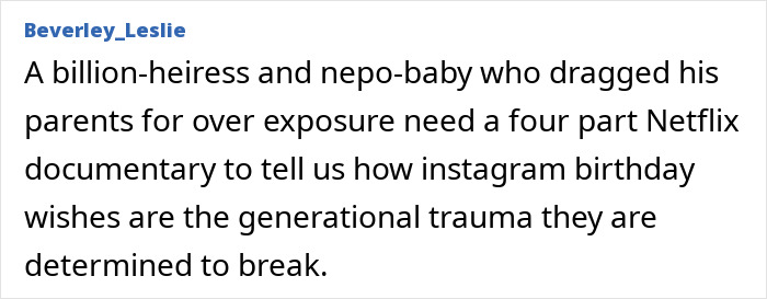 A comment on the Beckhams wedding about a billion-heiress and nepo-baby needing a Netflix documentary. A comment on the Beckhams wedding about a billion-heiress and nepo-baby needing a Netflix documentary.
