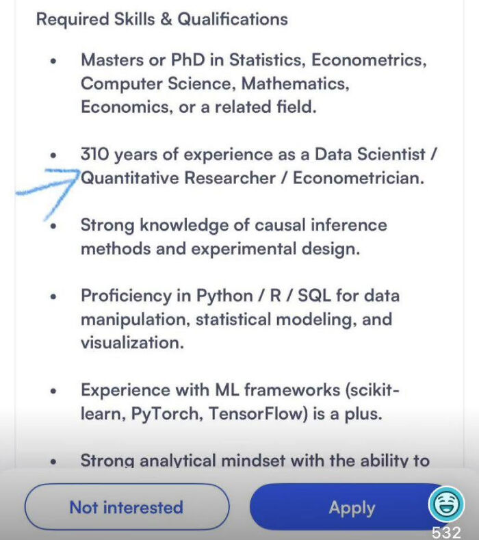 A LinkedIn meme displays a job listing requiring 310 years of experience, highlighting work-life balance issues.