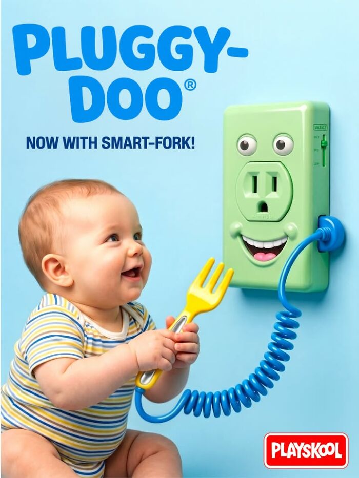 A happy baby with a smart-fork bizarre figurine, plugging it into a smiling electrical outlet on a wall.