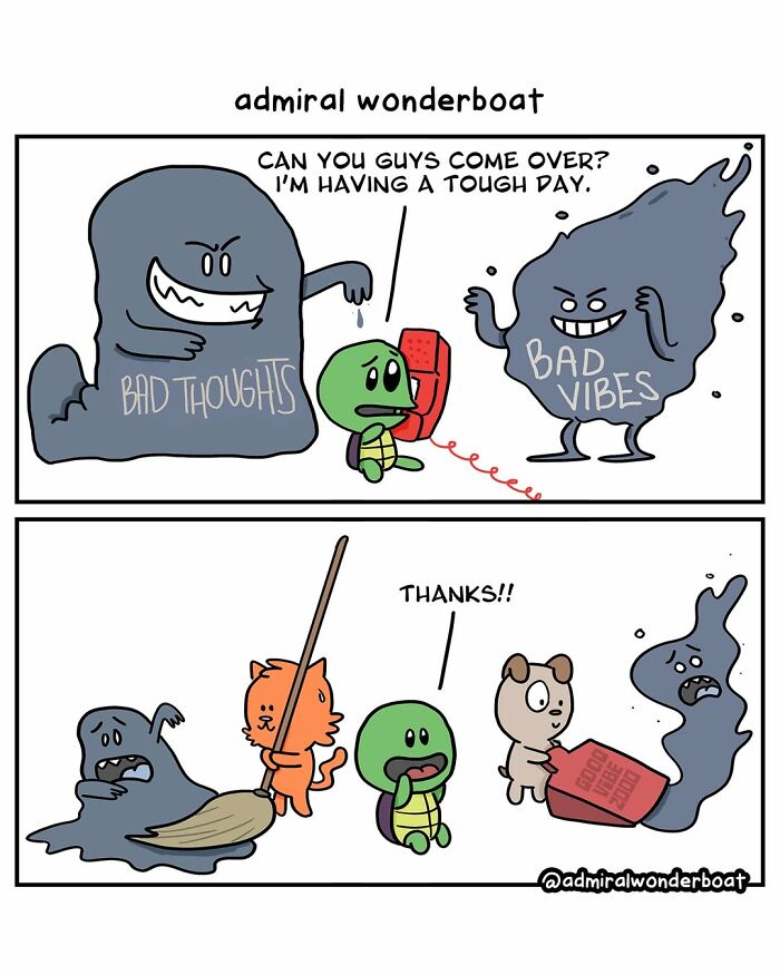 Funny, slightly dark comic depicting a character combating bad thoughts and bad vibes with good friends.