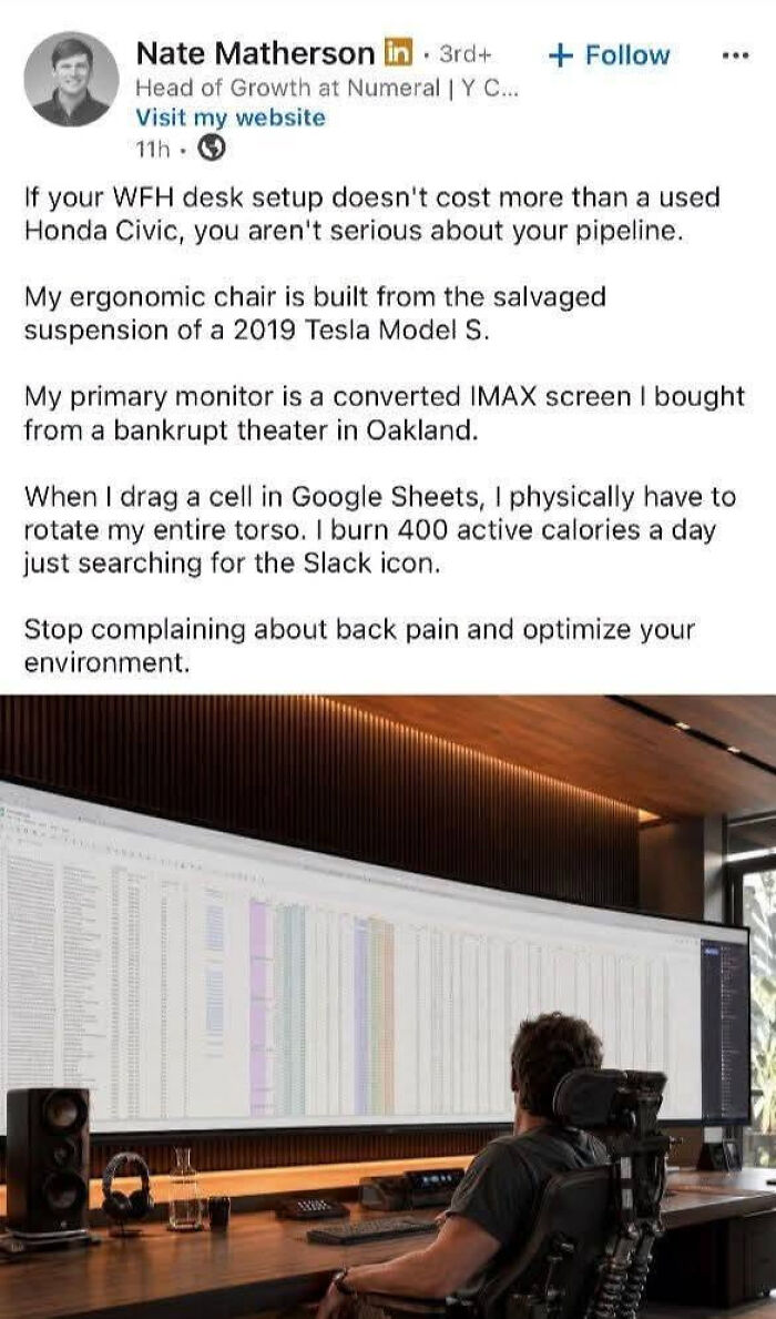 A LinkedIn meme with a man in an ergonomic chair, working on a huge monitor, illustrating work-life balance.