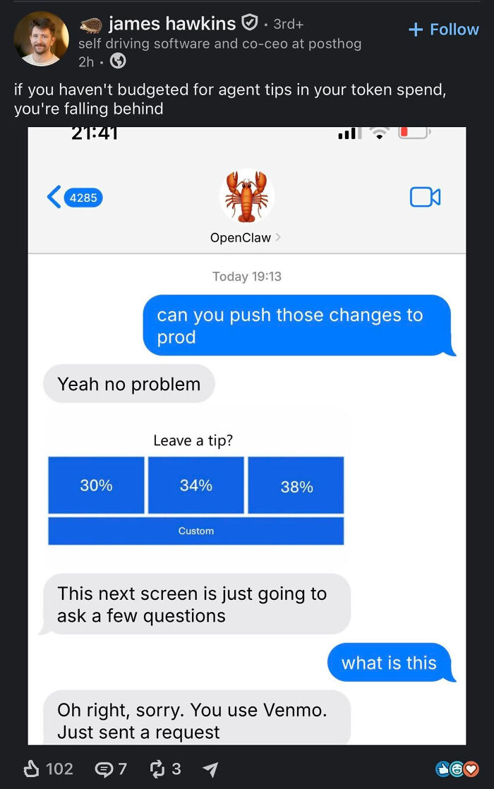 A LinkedIn meme shows a chat conversation where a 'tip' is requested for pushing changes to prod, affecting work-life balance.