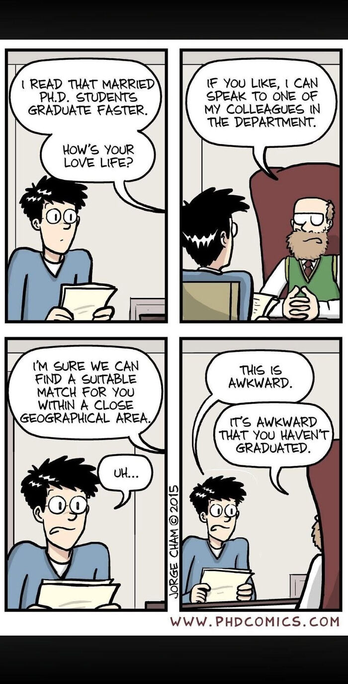 A comic strip LinkedIn meme about a PhD student, love life, and work-life balance.