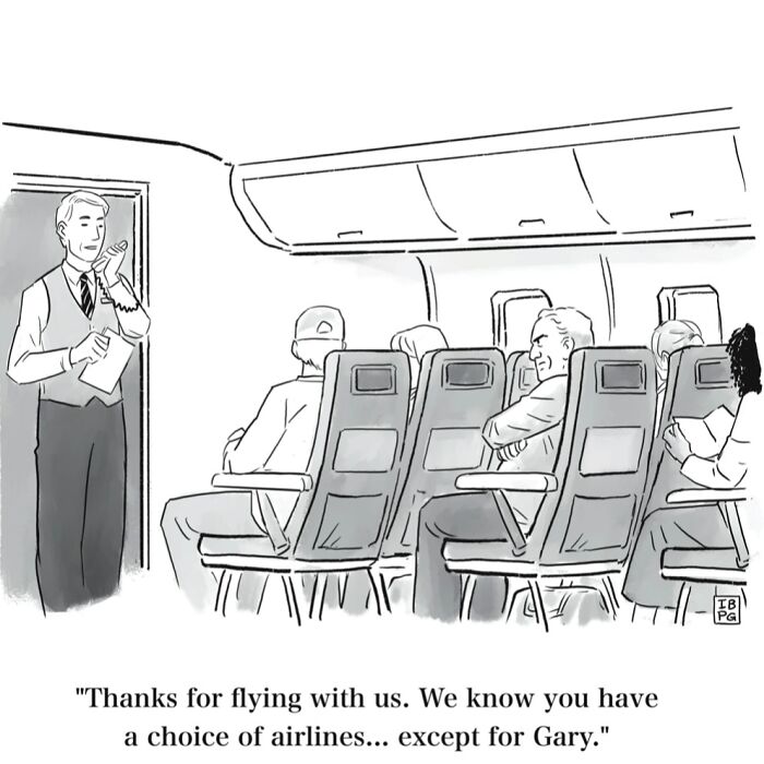 A comic of an airline attendant addressing passengers, except Gary, showcasing dry humor and absurd comics.