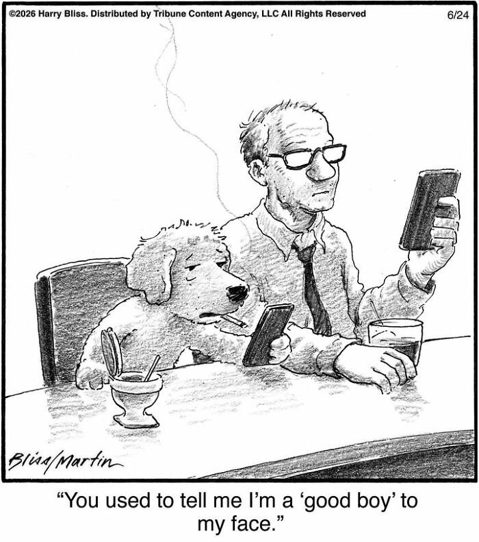 A Harry Bliss dog comic of a man ignoring his dog, who is smoking and also using a phone.