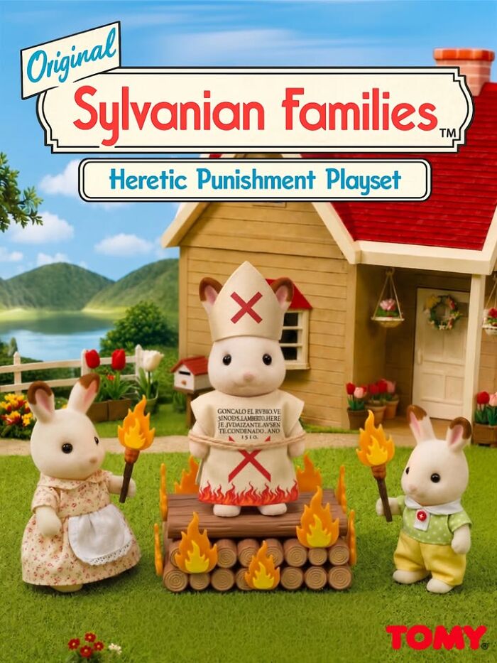 Sylvanian Families bizarre figurines show bunnies in a Heretic Punishment Playset, burning one rabbit.