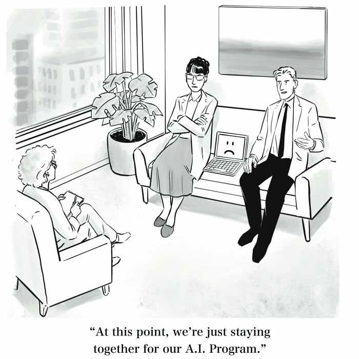 Three people and a laptop with a sad face in a therapist's office, with the caption, At this point, we're just staying together for our A.I. Program, in a Mannequin On The Moon comic.