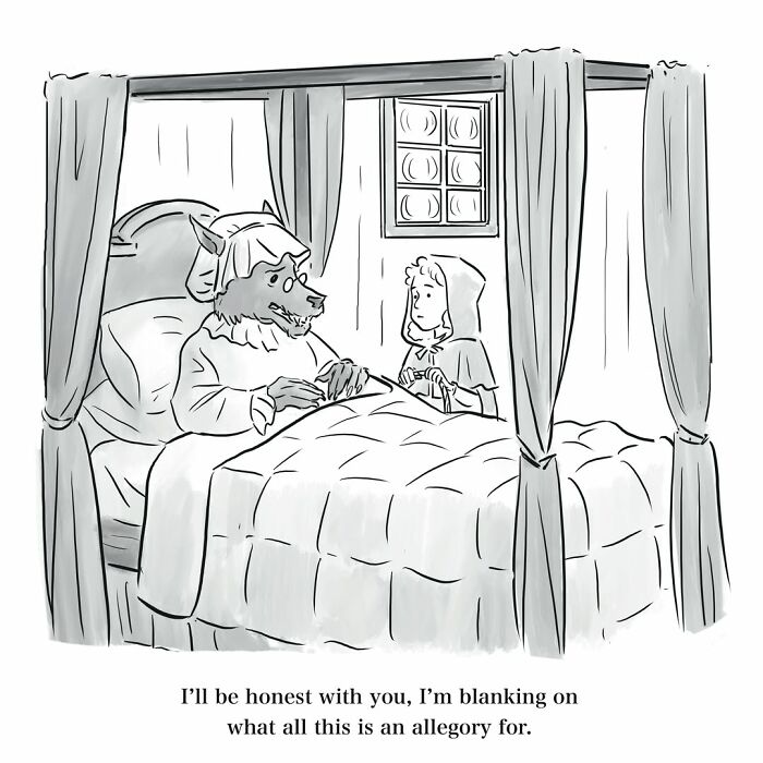 A comic of Little Red Riding Hood talking to the Big Bad Wolf in bed, an absurd comic with dry humor.