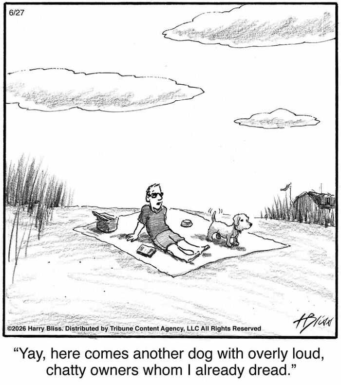 A man relaxes on a blanket on the beach, his dog standing nearby, in a Harry Bliss dog comic.