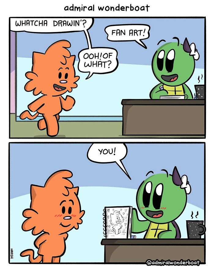 Funny, slightly dark comic where one character draws fan art of their friend.
