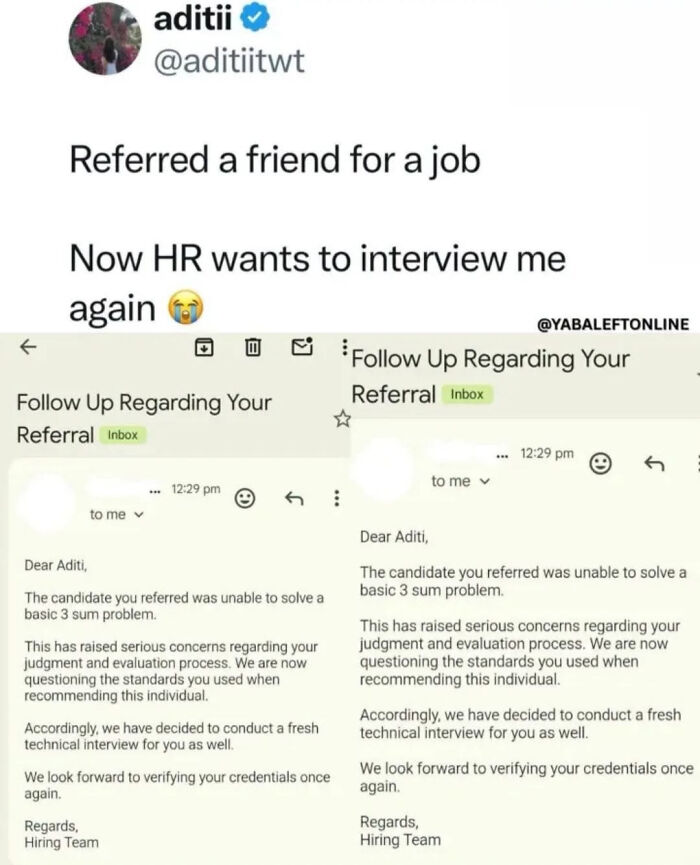 A screenshot of a tweet about referring a friend for a job and then getting an interview request from HR, highlighting work-life balance.