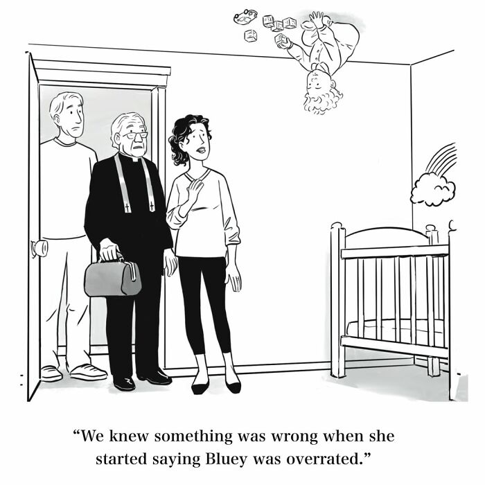 A comic of parents and a priest looking at an upside-down baby, an absurd comic with dry humor.