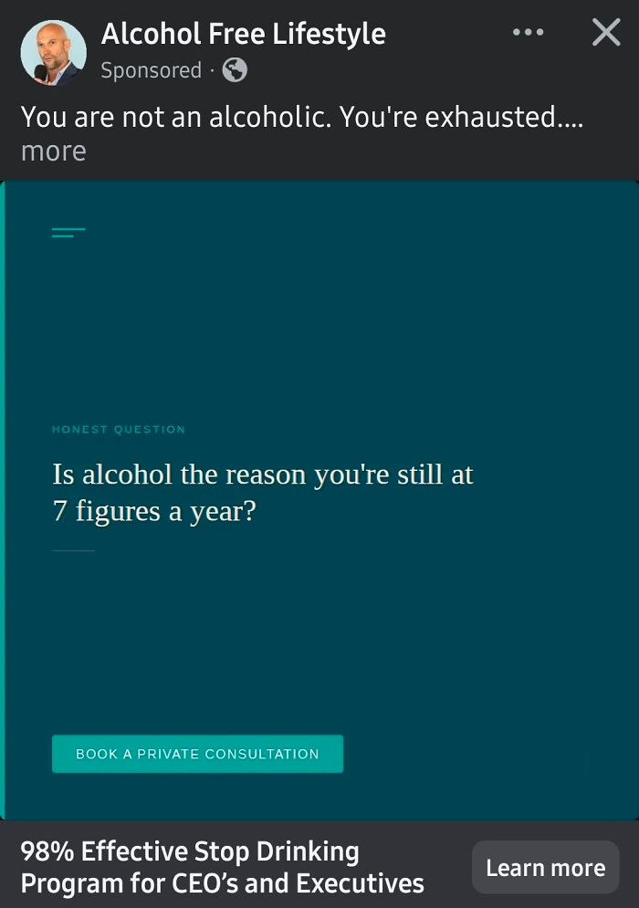 An advertisement for 'Alcohol Free Lifestyle' asking 'Is alcohol the reason you're still at 7 figures a year?', relating to work-life balance.