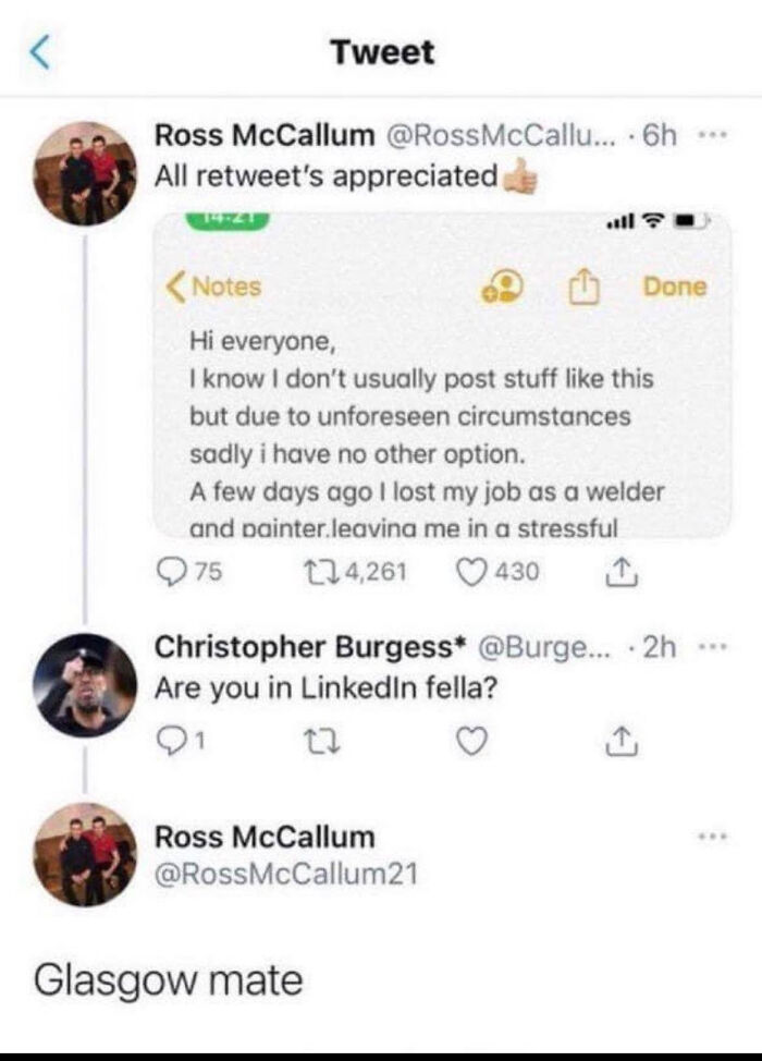 A screenshot of a LinkedIn post by Ross McCallum about losing his job, followed by a comment asking if he is on LinkedIn, highlighting work-life balance.