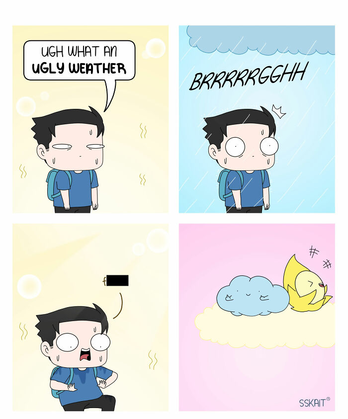 A comic about a man complaining about ugly weather, then getting rained on and losing energy, demonstrating Filipino humor.