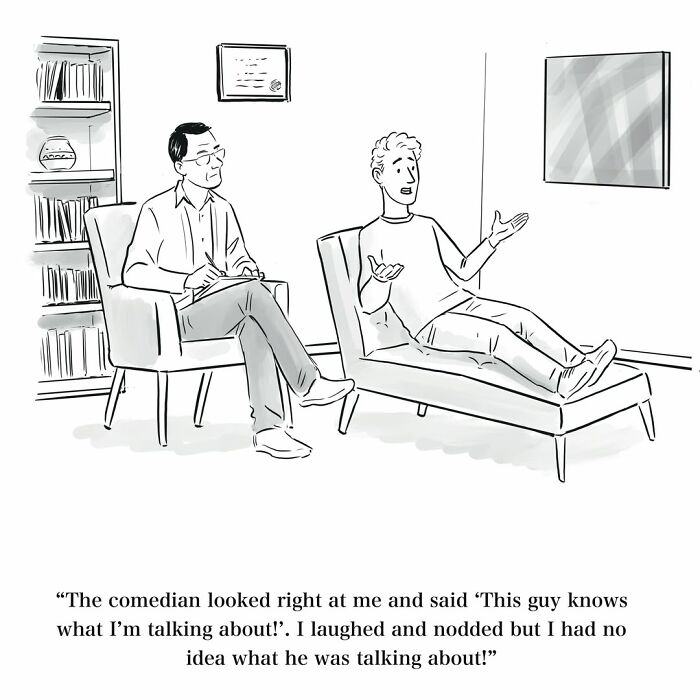 A comic of a patient on a therapist couch, discussing a comedian, highlighting dry humor and absurd comics.