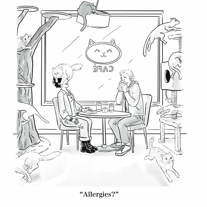 Absurd Mannequin On The Moon comic with a man in a cat cafe, surrounded by cats, sneezing.
