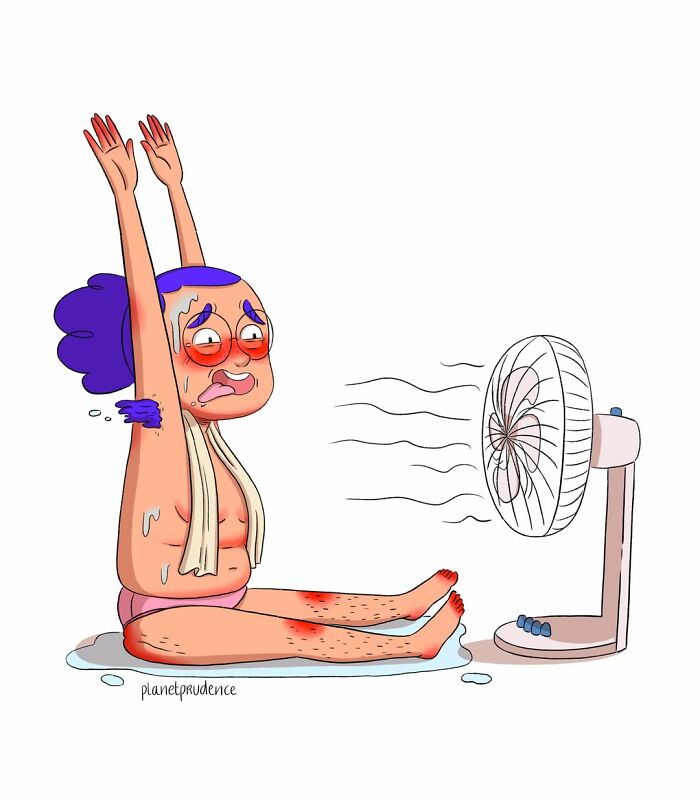 Artist illustrates what being a woman is like; a cartoon woman sweating intensely in front of a fan.