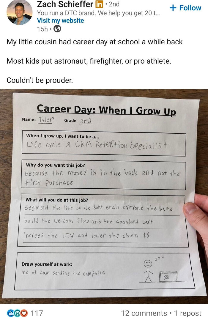 A LinkedIn post by Zach Schieffer showing his cousin's 'Career Day' paper, where he wants to be a CRM Retention Specialist, relating to work-life balance.