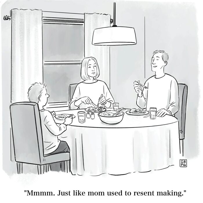 Absurd Mannequin On The Moon comic depicting a family dinner with a dry humor caption.