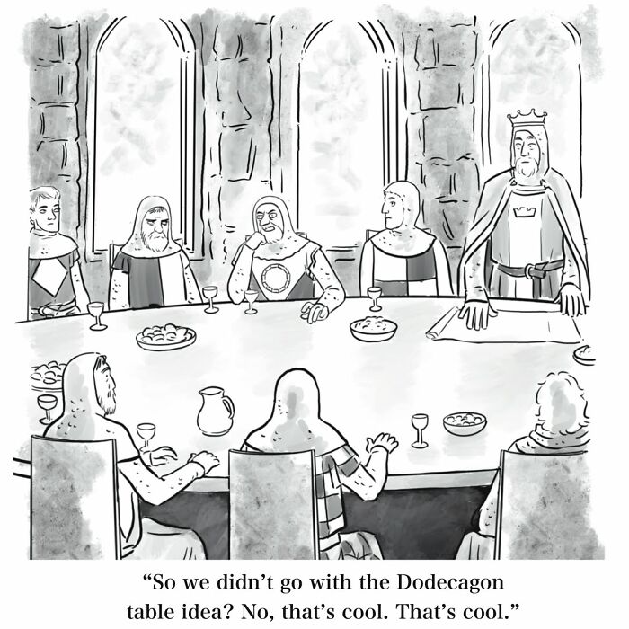 Absurd Mannequin On The Moon comic of King Arthur and knights at a round table, discussing a dodecagon.