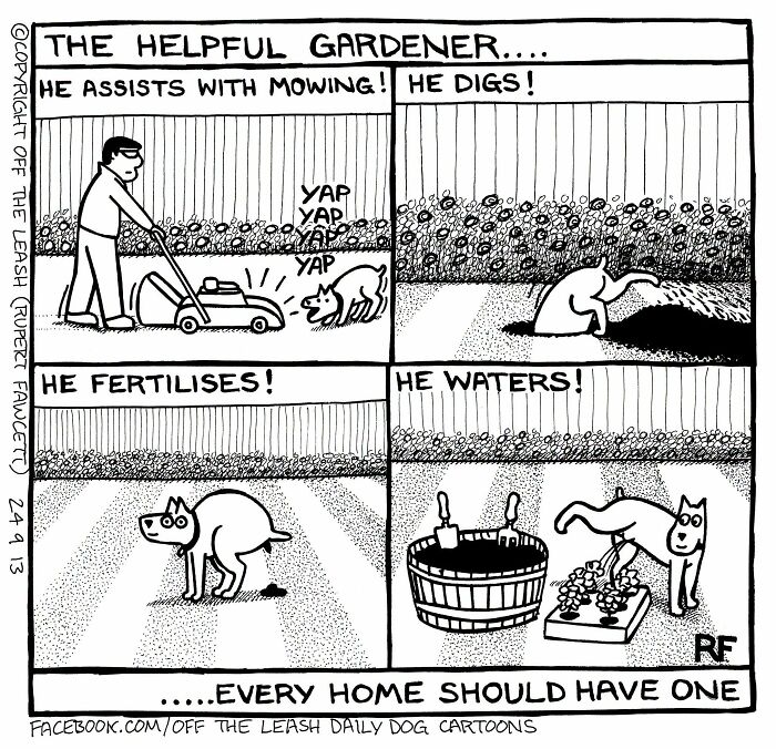 Off The Leash comic: A helpful gardener dog assists with mowing, digging, fertilizing, and watering.