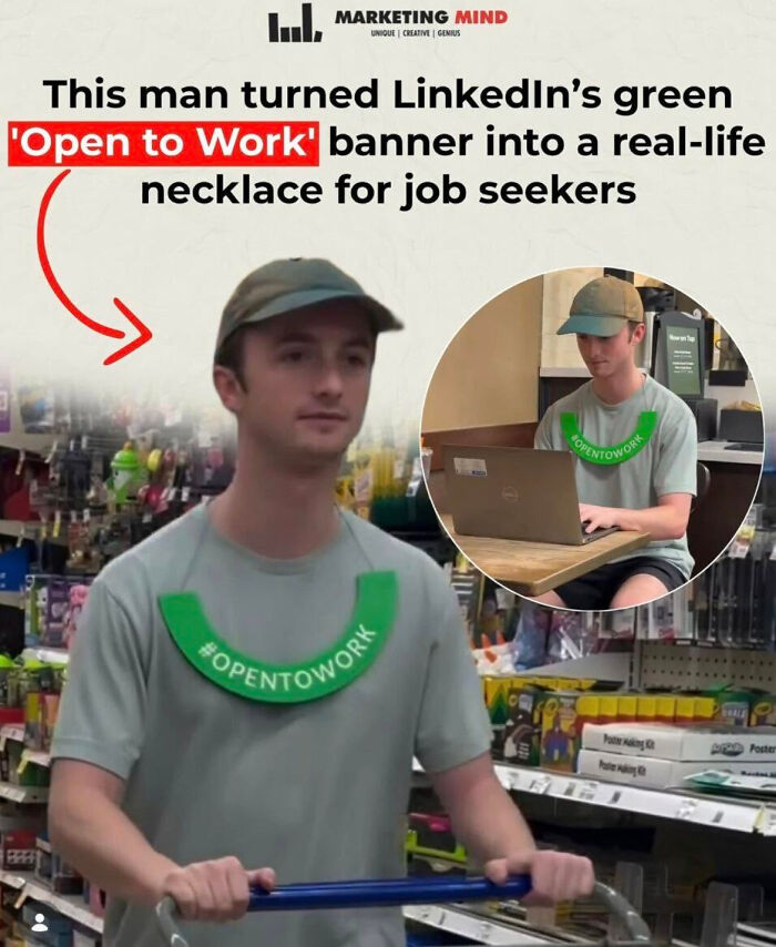 A LinkedIn meme of a man wearing an #OpenToWork necklace, depicting the job search and work-life balance.