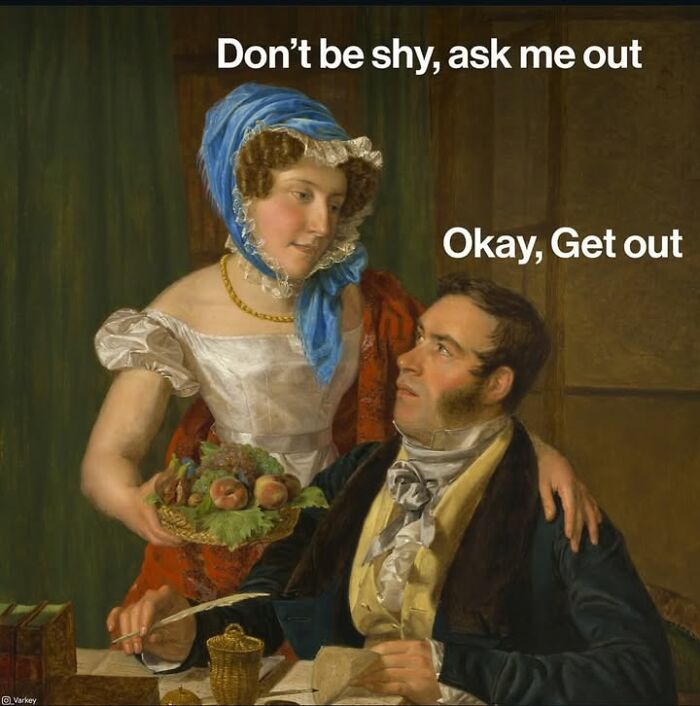 Classical art meme featuring a woman offering fruit to a man, with a humorous caption.