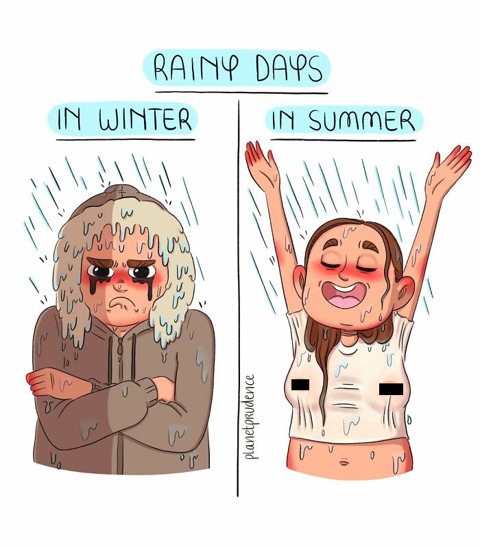 An artist illustrates what being a woman is like, showing women's feelings about rainy days.