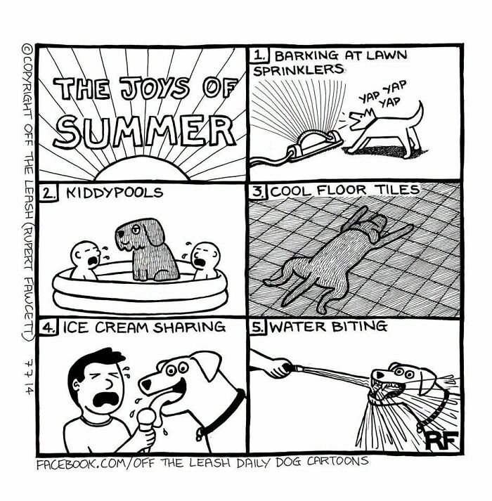 Off The Leash comic: Five panels illustrating funny life with dogs during summer activities.