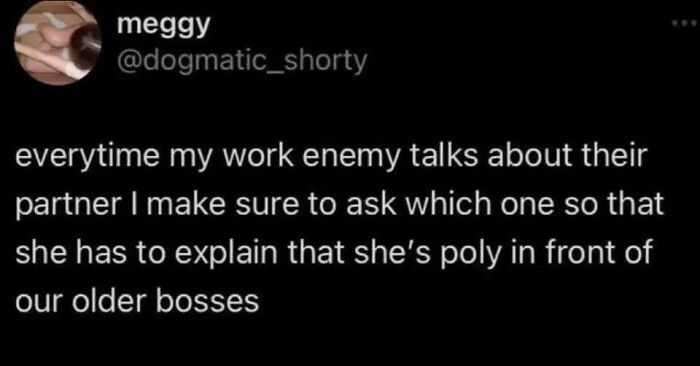 A LinkedIn meme from meggy, @dogmatic_shorty, showcasing work-life balance humor about work enemy polyamory.