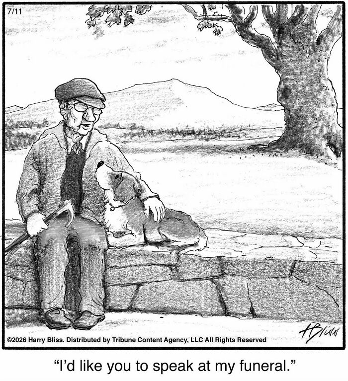 An old man with a cane sits with his dog on a stone wall, under a tree in a Harry Bliss dog comic.