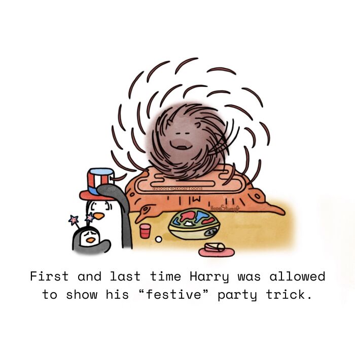 Hilariously relatable one-panel comics of animals with a penguin and a furry creature doing a party trick causing a whirlwind.