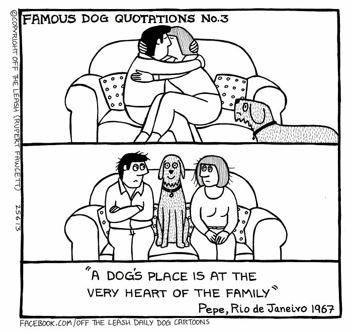 Off The Leash comic: A dog observes a couple hugging, then sits between them on the sofa.