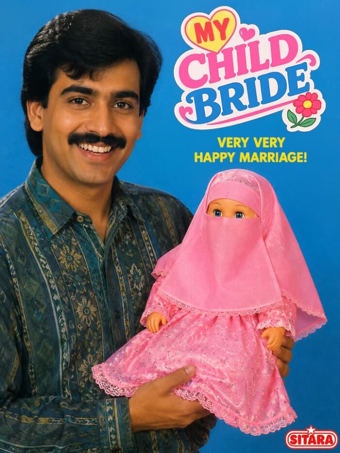 Man holding a bizarre figurine called My Child Bride, a doll in a pink hijab, a dark comedy collectible.