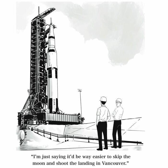 Absurd Mannequin On The Moon comic featuring two men discussing skipping the moon landing.