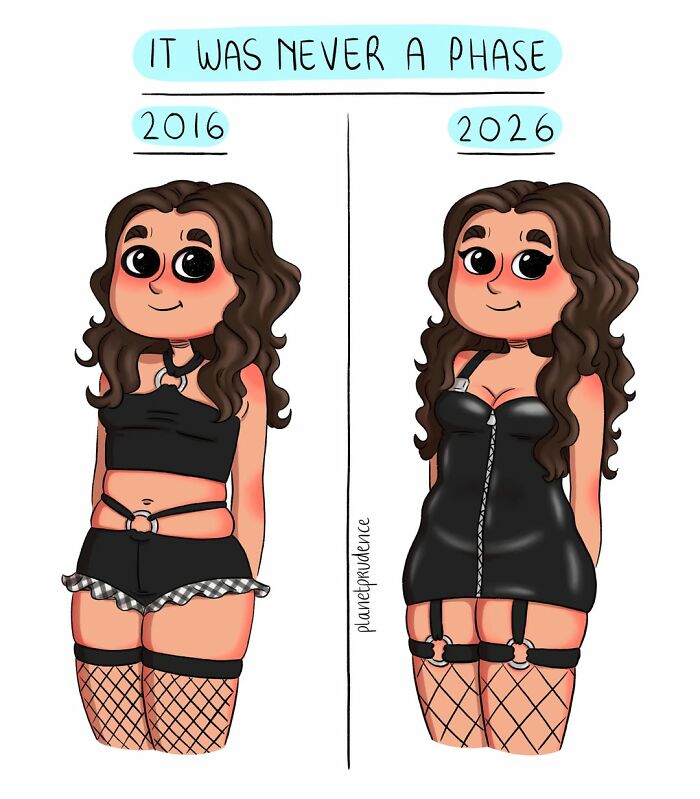 Artist illustrates what being a woman is like, showing a woman's evolving style from 2016 to 2026.