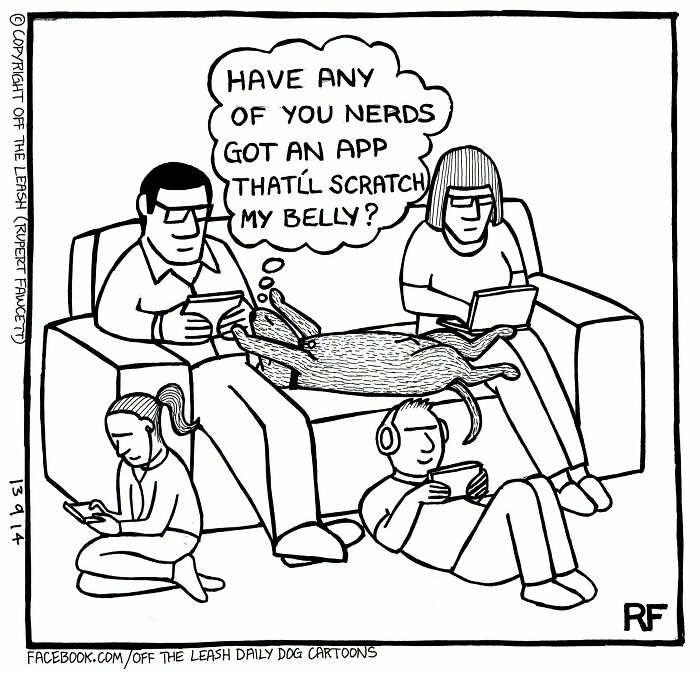 Off The Leash comic: A dog asks its human companions for an app to scratch its belly.