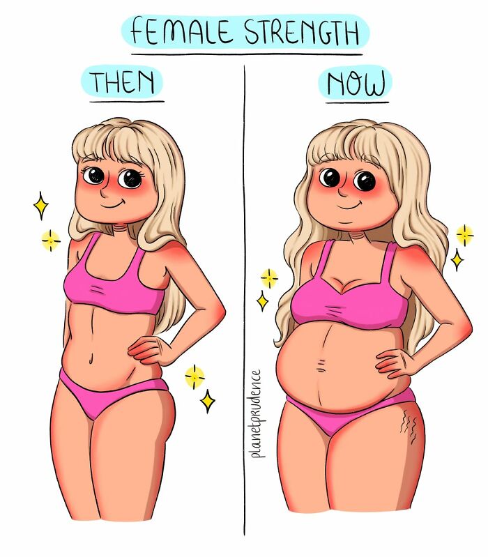 Artist illustrates what being a woman is like, depicting female strength then vs. now with body changes.