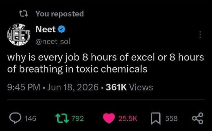 A LinkedIn meme highlighting the lack of work-life balance, joking about 8 hours of Excel or toxic chemicals.