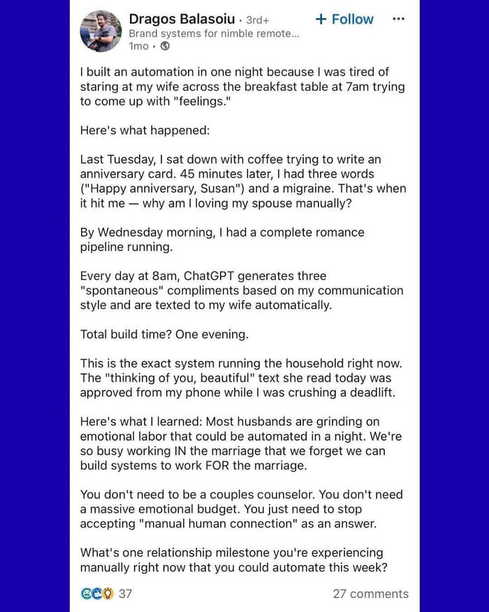 A LinkedIn meme by Dragos Balasoiu, detailing an automation system for relationship emotional labor and work-life balance.