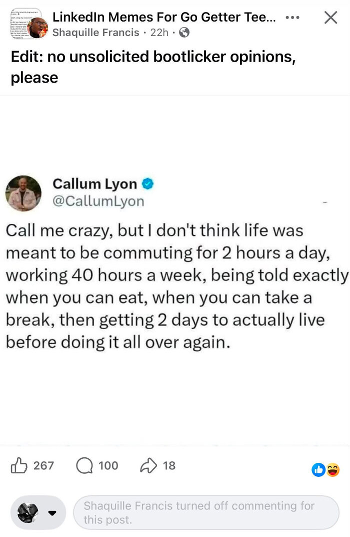 A LinkedIn meme about work-life balance, questioning the monotony of commuting and working 40 hours a week.