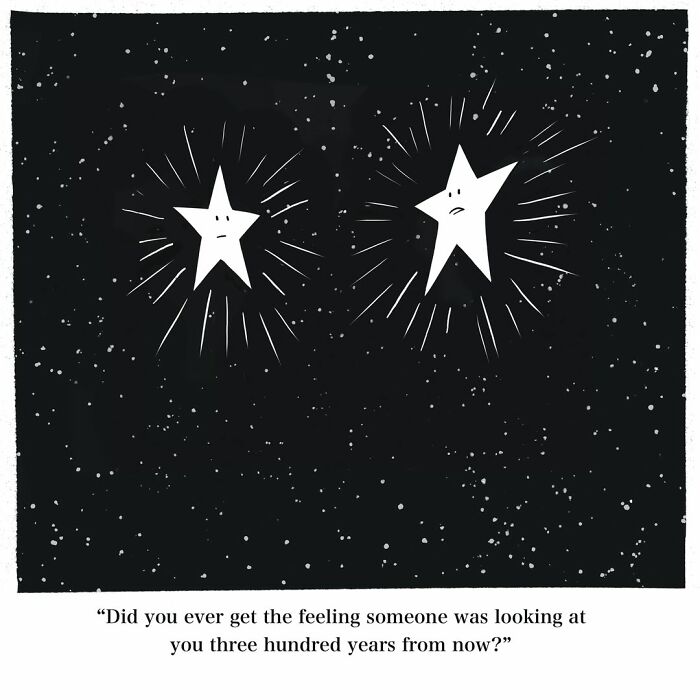 Absurd Mannequin On The Moon comic showing two stars with worried expressions in space.