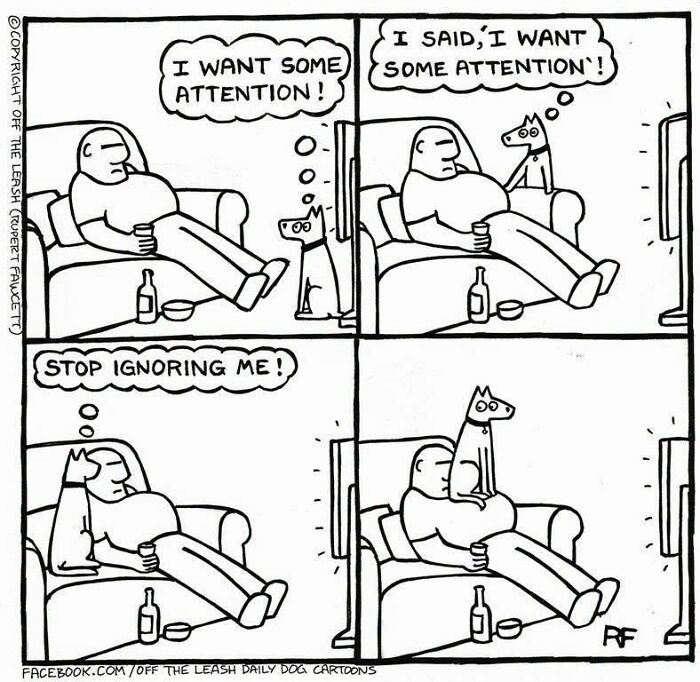 Off The Leash comics showing a dog demanding attention from its owner, who is ignoring it while watching TV, typical life with dogs.