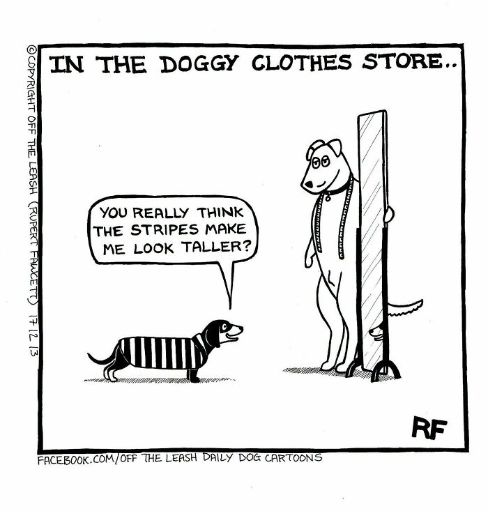 Off The Leash comic: A dog in a striped shirt asks about looking taller in a doggy clothes store, depicting life with dogs.