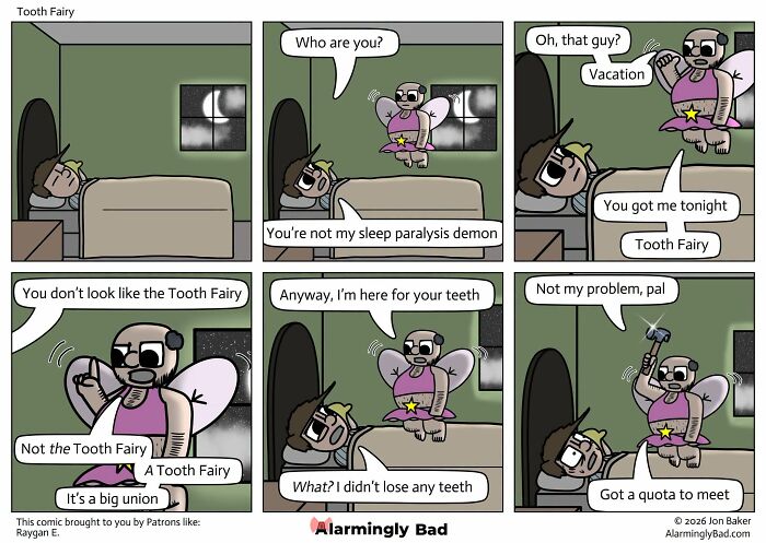 A comic by Jon Baker showing a humorous and unpredictable twist with a tooth fairy encounter.
