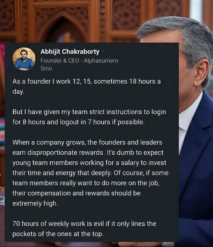 A screenshot of a LinkedIn post about work-life balance and fair compensation for employees.
