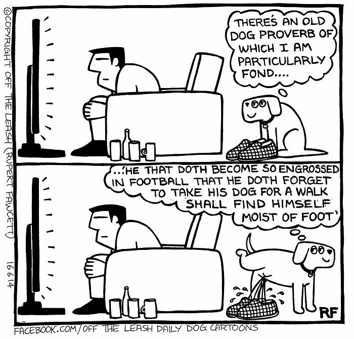 Off The Leash comics illustrating a dog peeing on a shoe because its owner, engrossed in football, forgot to take it for a walk.